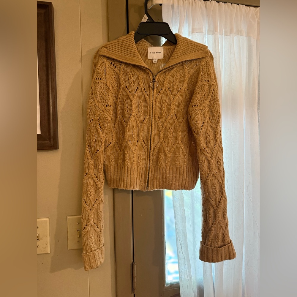 Pink Rose Tan Cable Knit Cardigan